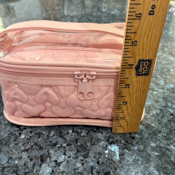 New Pink Quilted Heart Makeup Bag – Clear Top Travel Cosmetic Case - Picture 11 of 11